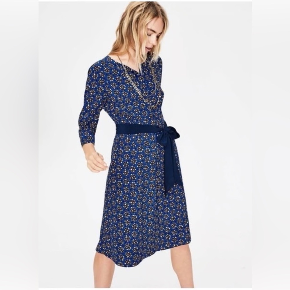Boden Ottilie Cobalt Ble Star Starry Print Midi Dress Size 4 3/4 Sleeve Office